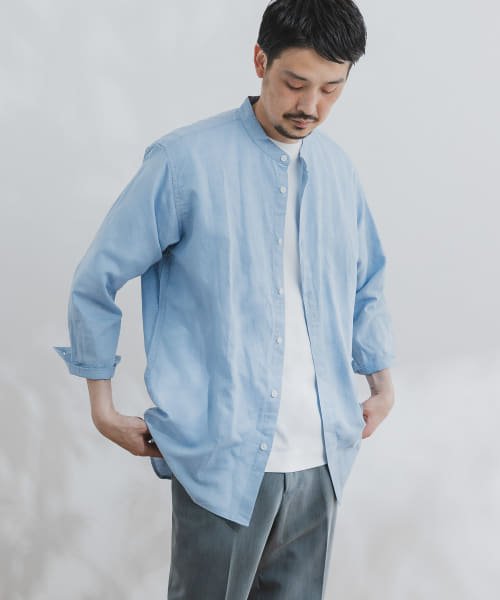 URBAN RESEARCH DOORS(アーバンリサーチドアーズ)/綿麻ライトオックスバンドカラーシャツ/BLUE