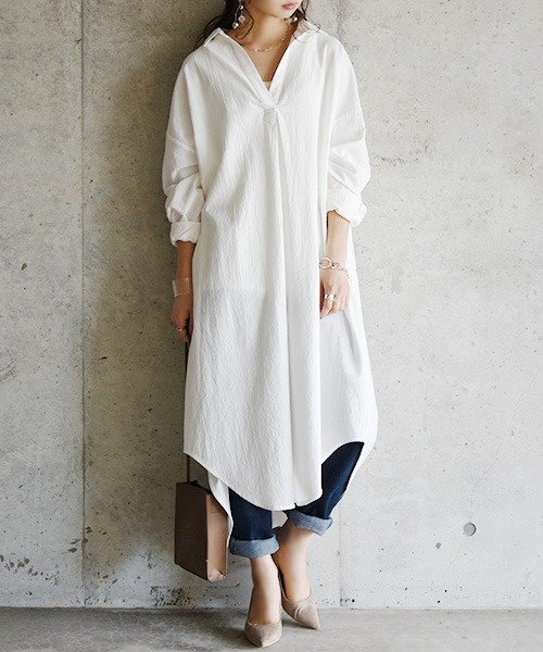 And It 選べる2type スキッパー ベーシック 長袖ロングシャツワンピース M L レディース ワンピース 春夏秋 オフ カーキ チャコール ブラ アンドイット And It Magaseek