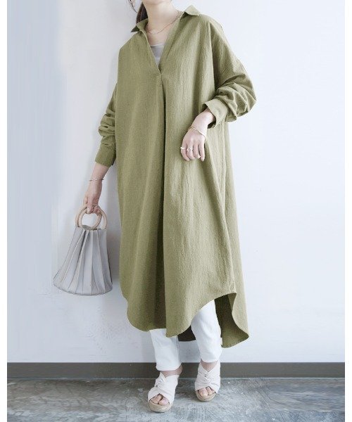 And It 選べる2type スキッパー ベーシック 長袖ロングシャツワンピース M L レディース ワンピース 春夏秋 オフ カーキ チャコール ブラ アンドイット And It Magaseek