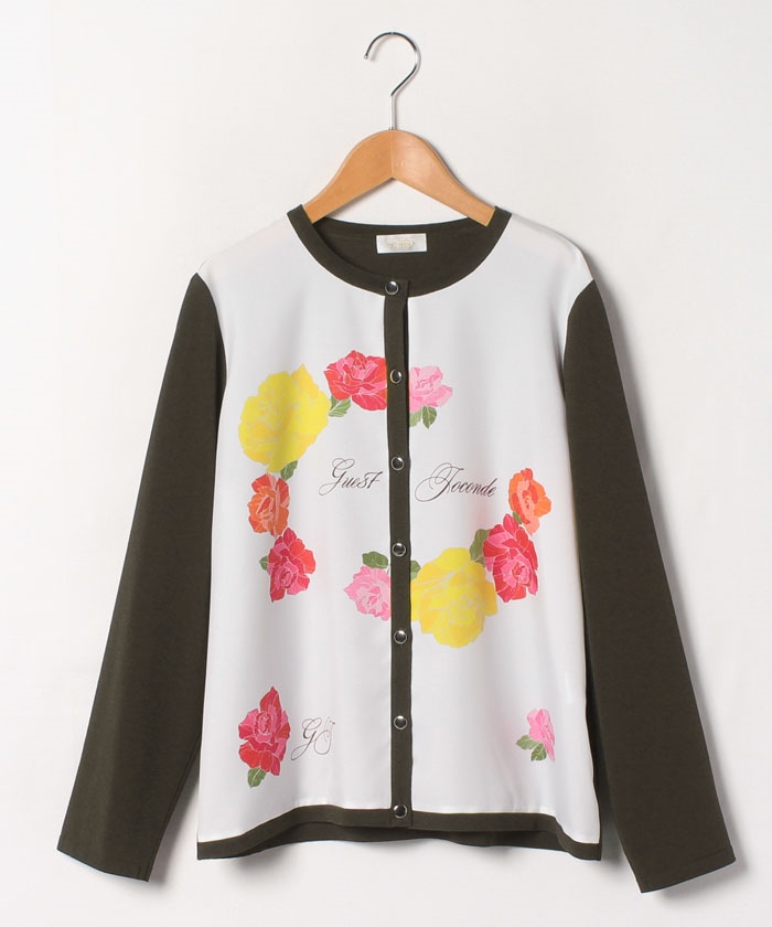 【大きいサイズ】【アンサンブル対応】【ARINA】フラワープリント 布帛使いニットカーディガン