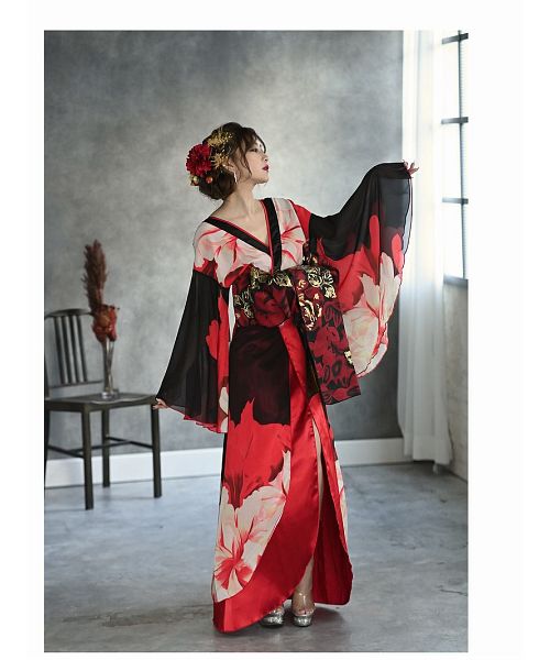 キャバドレス 和柄 花魁 ドレス 和柄 着物ドレス キャバ 着物 中ミニ シフォン 正月 赤 流遊