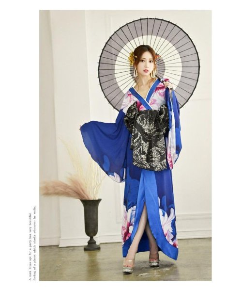 セール】キャバドレス 和柄 和柄 ドレス 花魁 青 着物ドレス 中ミニ 花 