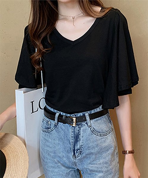 セール フレアスリーブトップス Tシャツ カットソー カジュアル シンプル レディース 夏 アミュレット Amulet Magaseek