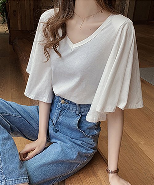 セール フレアスリーブトップス Tシャツ カットソー カジュアル シンプル レディース 夏 アミュレット Amulet Magaseek