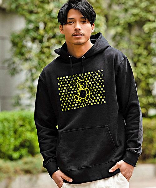 パーカー メンズ トップス スウェット スエット 長袖 プルオーバー 裏毛 モノグラム ベア クマ くま プリント 綿100 コットン モノトーン M L キャバリア Cavaria Magaseek