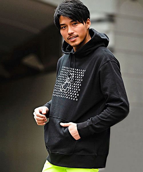 パーカー メンズ トップス スウェット スエット 長袖 プルオーバー 裏毛 モノグラム ベア クマ くま プリント 綿100 コットン モノトーン M L キャバリア Cavaria Magaseek
