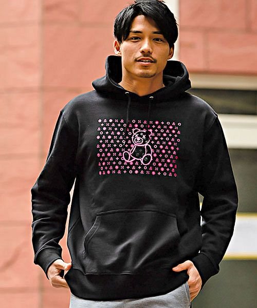 パーカー メンズ トップス スウェット スエット 長袖 プルオーバー 裏毛 モノグラム ベア クマ くま プリント 綿100 コットン モノトーン M L キャバリア Cavaria Magaseek
