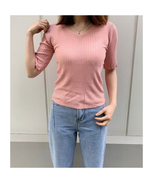 セール サマーニット カットソー レディース リブトップス 薄手 Tシャツ レディース Vネック タイト 春 夏シンプル 無地 ニットソー セイヘイショップ Seiheishop Magaseek