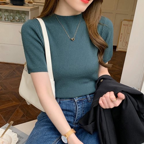 セール リブ タイトニット トップス レディース 半袖 ニットソー プルオーバー ハイネック きれいめ ニットセーター ミニミニストア Miniministore Magaseek