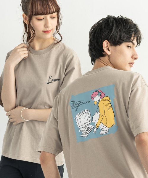 Rocky Monroe(ロッキーモンロー)/半袖プリントT メンズ レディース ユニセックス Tシャツ カジュアル ビッグシルエット オーバーサイズ 綿 コットン バックプリント ストリート イラスト 中/グレージュ