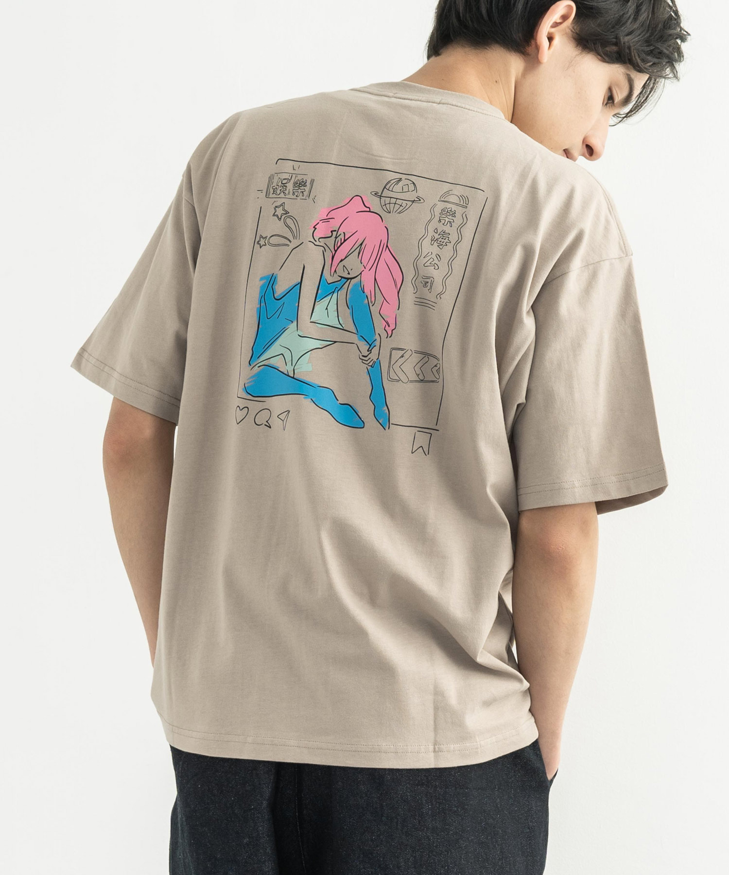 半袖プリントT メンズ レディース ユニセックス Tシャツ カジュアル ビッグシルエット オーバーサイズ 綿 コットン バックプリント ストリート  イラスト 中