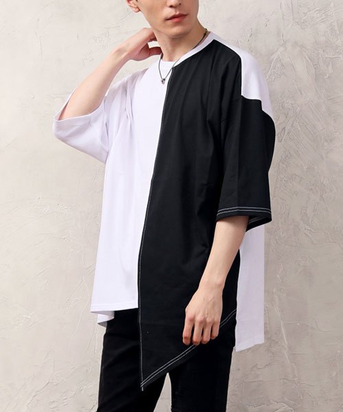 セール 15 Off 韓国系ファッション バイカラー アシンメトリー 半袖 Tシャツカットソー トップイズム Topism Magaseek