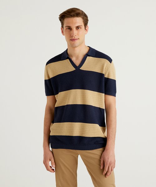 セール ベネトン メンズ Benetton Mens スキッパー半袖ニットポロシャツ Magaseek