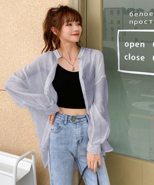 セール バンドカラーシアーシャツ 春 春服 袖コンシャス ブラウス シースルー シースルーシャツ ワンピース スタンドカラー スタンド カラー 色 立ち襟 ギャザー パ アドティエ Ad Thie Magaseek