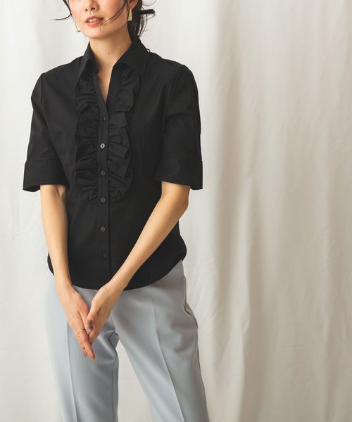 NARA CAMICIE(ナラカミーチェ)/襟付フリルオックス半袖シャツ/ブラック