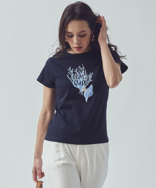 Viaggio Blu(ビアッジョブルー)/オーガニックコットンサンゴプリントTシャツ/ネイビー