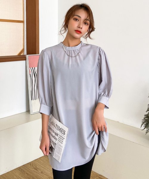 セール 43 Off ハイネック 襟 タック シフォン ブラウス チュニック 袖ボリューム パフスリーブ シアー素材 春 夏 アドティエ Ad Thie Magaseek