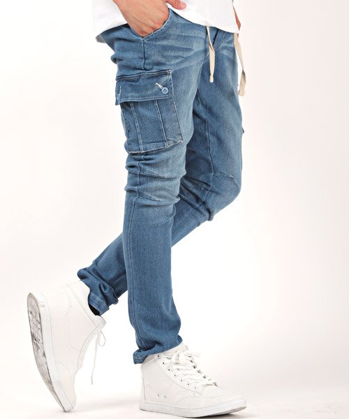 セール デニムスリムテーパードカーゴパンツ デニムパンツ メンズ カーゴパンツ テーパード サイドポケット ラグスタイル Luxstyle Magaseek