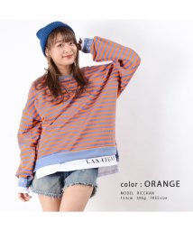 1111clothing(ワンフォークロージング)/◆フェイクレイヤード ボーダー 長袖Tシャツ◆ ロンt レディース tシャツ 長袖 レディース スウェット ボーダー カットソー 重ね着 スエット レイヤード /オレンジ