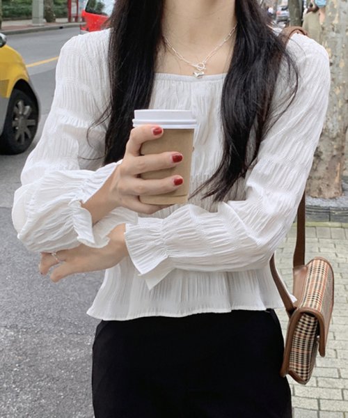 セール ブラウス 長袖 フリルブラウス スクエアネック 韓国 シャーリングブラウス オフィス 学生 デート ホワイト 白 レディース 韓国ファッション ショッピングゴー Shoppinggo Magaseek
