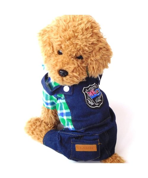 セール 犬服 犬 服 ドッグウェア つなぎ ロンパース オーバーオール チェック柄 デニム 前ボタン 春 夏 春夏 毛抜け防止 毛落ち防止 おしゃれ 可愛い 女の子 はっぴーdog Happy Dog Magaseek