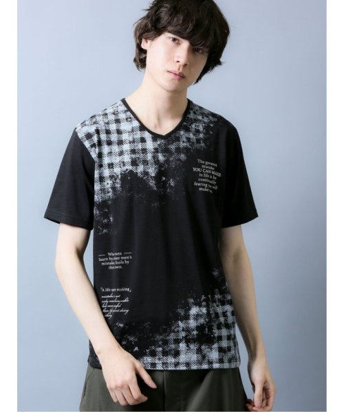 semanticdesign(セマンティックデザイン)/前身チェック柄プリント Vネック半袖Tシャツ/ブラック
