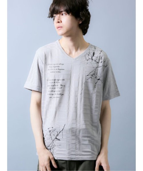 semanticdesign(セマンティックデザイン)/チェックジャガード Vネック半袖Tシャツ/ライトグレー