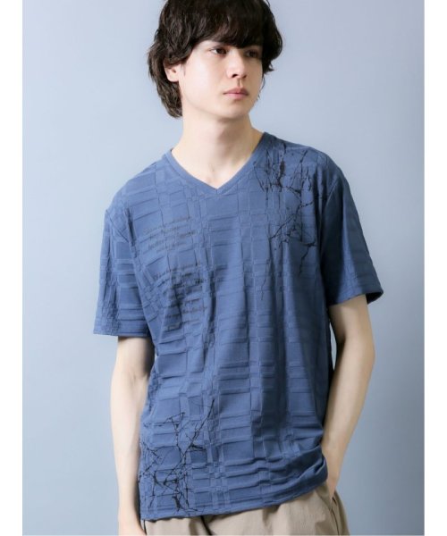semanticdesign(セマンティックデザイン)/チェックジャガード Vネック半袖Tシャツ/ブルー