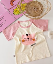 aimoha(aimoha（アイモハ）)/【aimoha－KIDS－】【新作】 かわいい動物イラストプリント 袖切り替え半袖tシャツ/ピンク