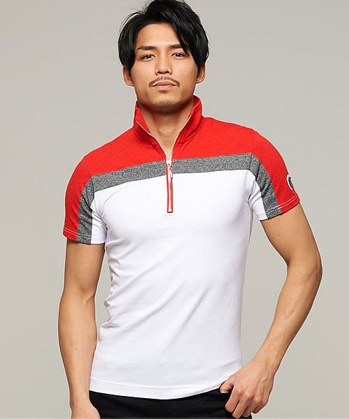 Viola 総柄配色切り替えストレッチハーフジップアップ半袖tシャツ 半袖tシャツ メンズ トップス ハーフジップ ストレッチ タイト キレイめ C ヴィオラ Viola Magaseek