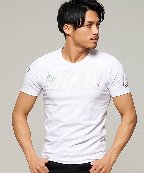 Viola メタリックプリント入りクルーネック半袖tシャツ メンズ 半袖 クルーネック トップス カットソー インナー 細身 スリム タイト C ヴィオラ Viola Magaseek