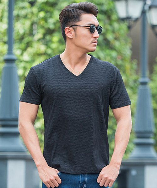 Cavaria ふくれバイアス柄vネック半袖tシャツメンズ ブランド バイアス柄 Vネック カットソー シンプル 総柄 トップス M L タイト 細身 上品 大 キャバリア Cavaria Magaseek