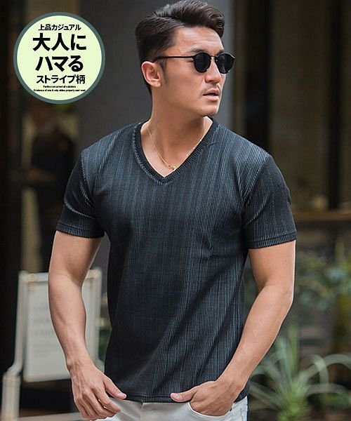クーポン Cavaria オルタネートストライプvネック半袖tシャツ メンズ オルタネートストライプ柄 縞柄 Vネック カットソー シンプル 半袖 トップス B キャバリア Cavaria Magaseek