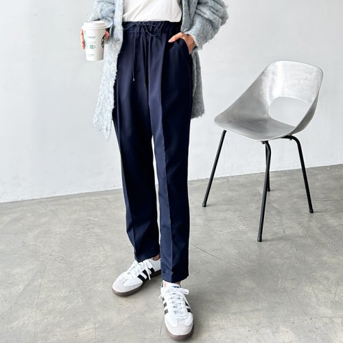 ファッション ティアラ(M)タック クロップド テーパードパンツ ウエストゴム オフィス