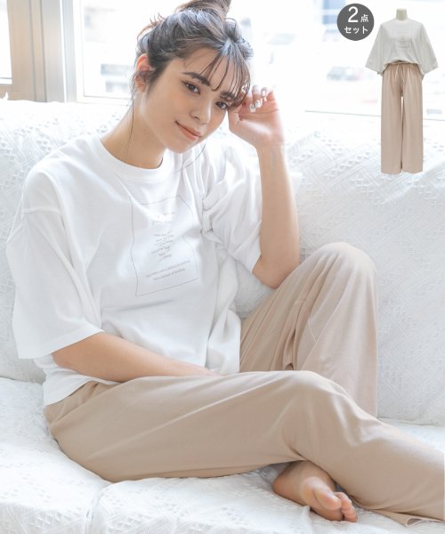セール カリグラフィ ロゴ プリント Tシャツ リボン付き ワイドパンツ 2枚 セット ルームウエア 半袖 長ズボン 春 夏 アドティエ Ad Thie Magaseek