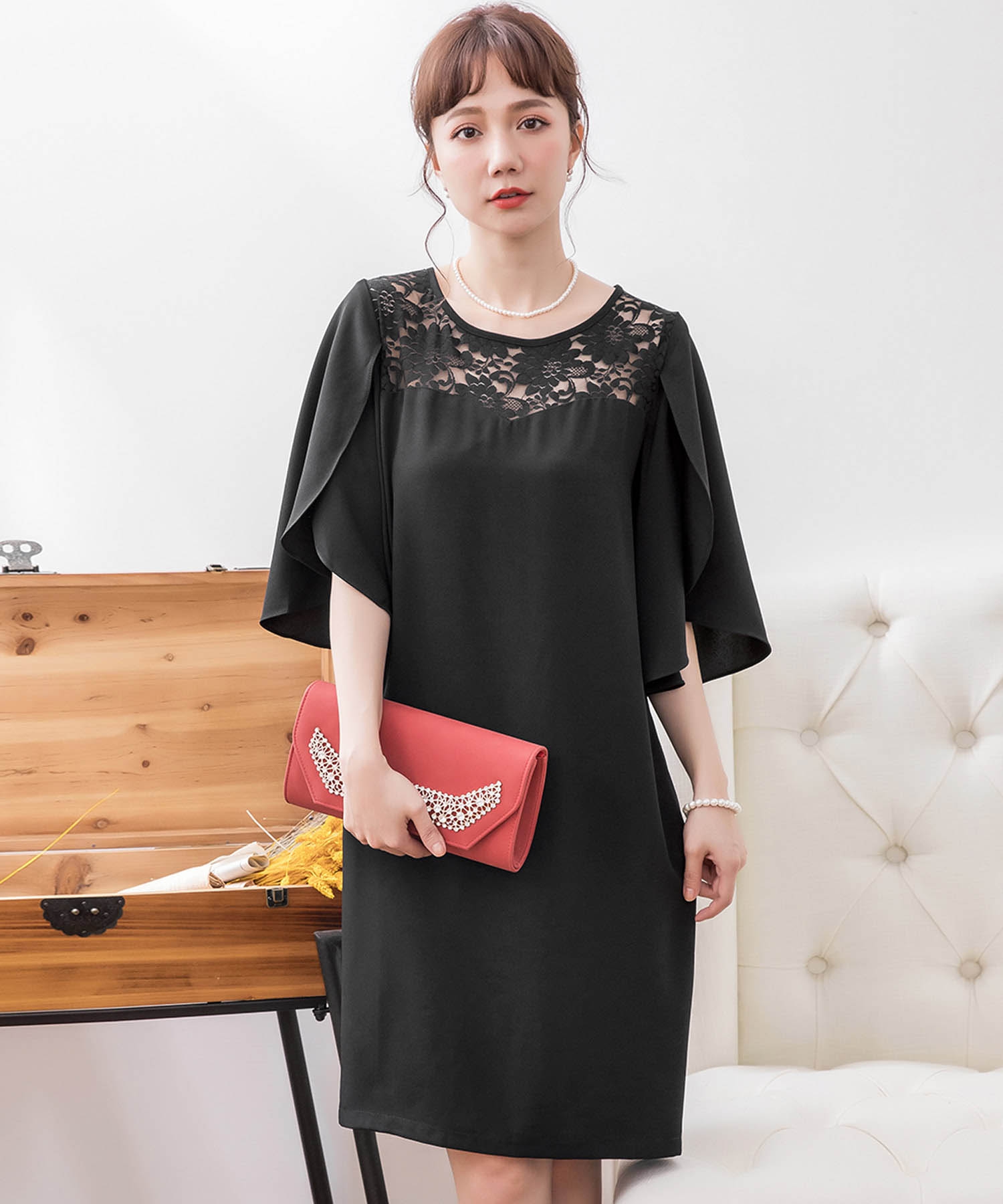 セール デコルテレース リーフフレアスリーブワンピースドレス 結婚式ワンピース お呼ばれパーティードレス ドレス プラス Dress Magaseek