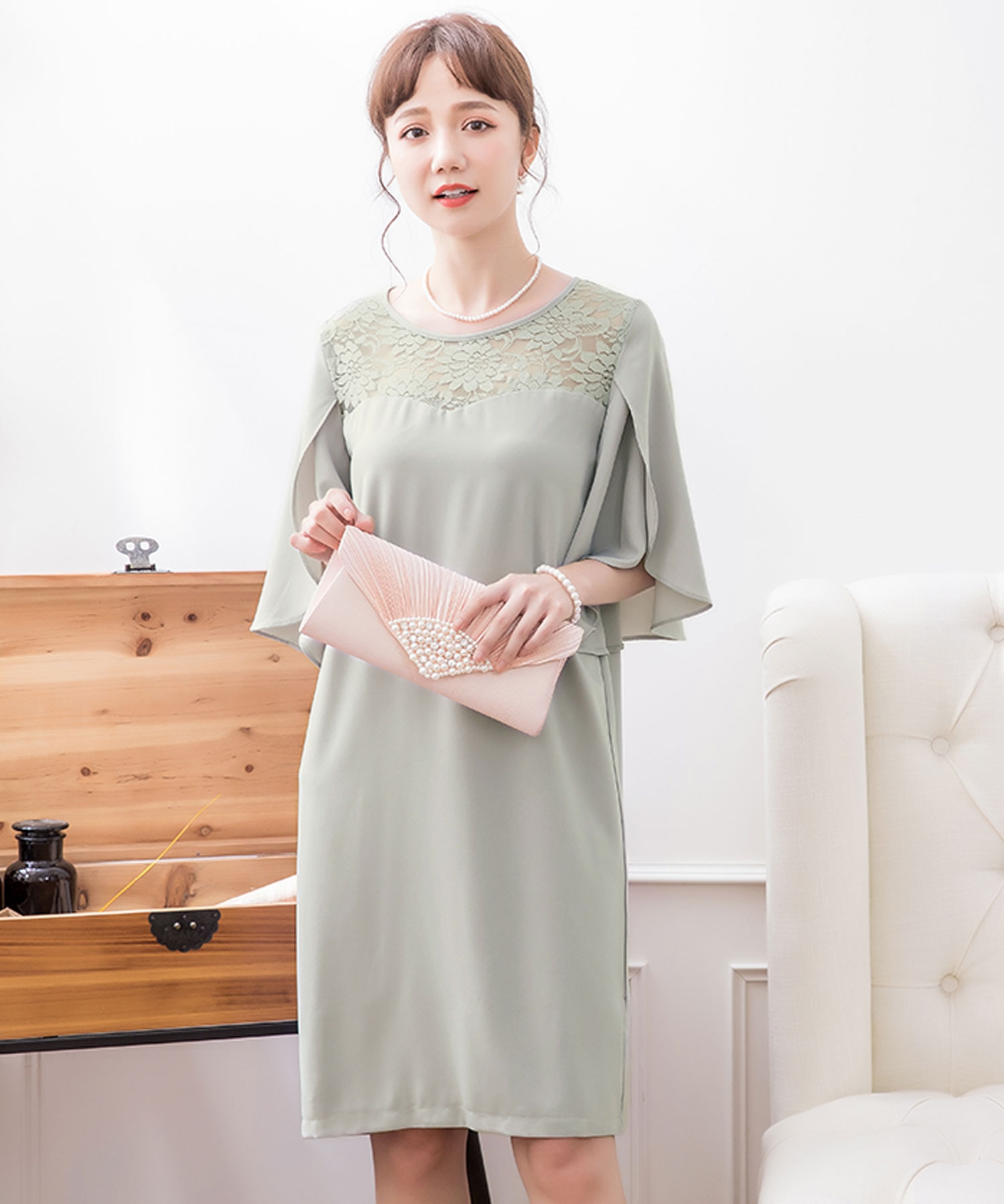 セール デコルテレース リーフフレアスリーブワンピースドレス 結婚式ワンピース お呼ばれパーティードレス ドレス プラス Dress Magaseek