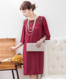 DRESS+(ドレス プラス)/デコルテレース×リーフフレアスリーブワンピースドレス・結婚式ワンピース・お呼ばれパーティードレス/ワイン