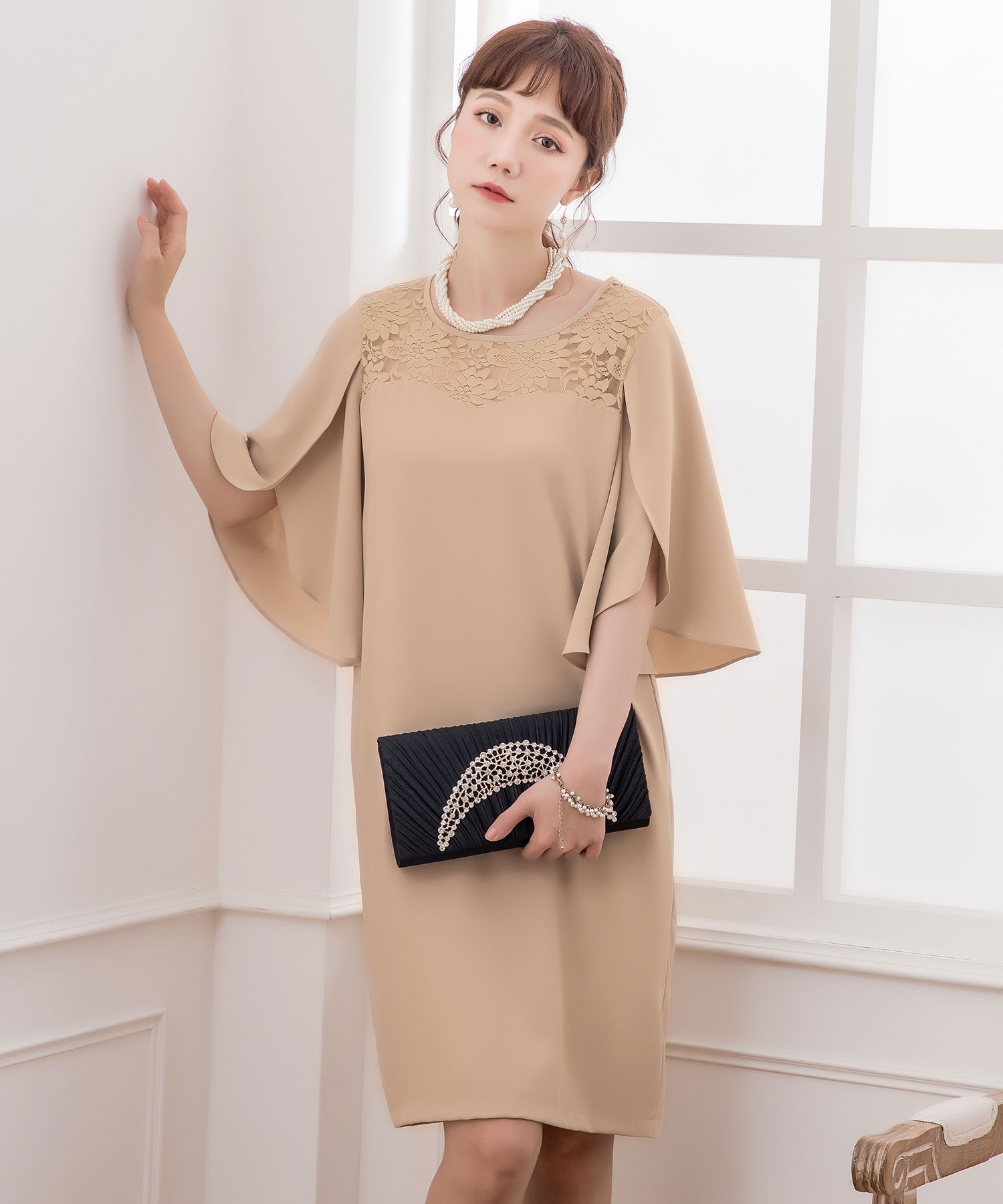 セール デコルテレース リーフフレアスリーブワンピースドレス 結婚式ワンピース お呼ばれパーティードレス ドレス プラス Dress Magaseek