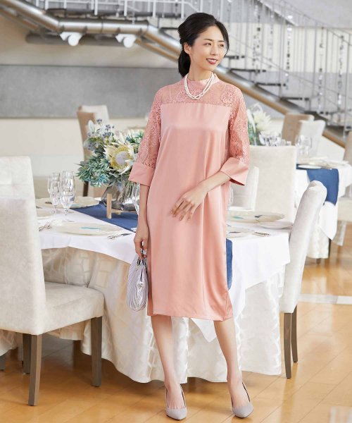 DRESS+(ドレス プラス)/レース切り替えIラインワンピースドレス【結婚式】【パーティー】【フォーマル】【セレモニー】/ピンク