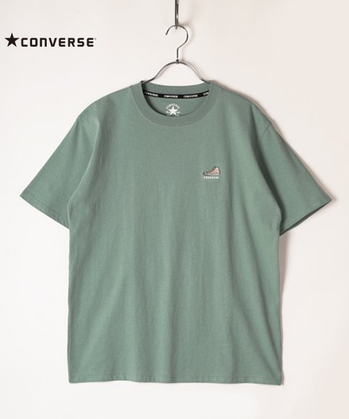 CONVERSE(コンバース)/【CONVERSE】 コンバース ワンポイント シューズ刺繍 半袖Tシャツ/グリーン