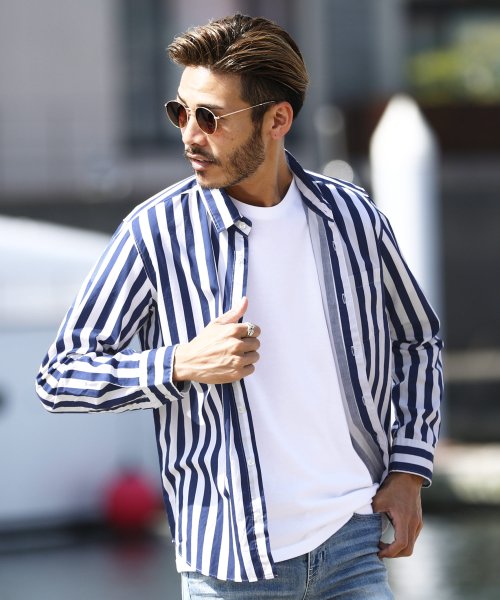 日本製ナノファイン加工ブロードレギュラーシャツ メンズ カジュアル ストライプ 白 長袖 シャツ トップス ナノファイン ジギーズショップ Jiggys Shop Magaseek