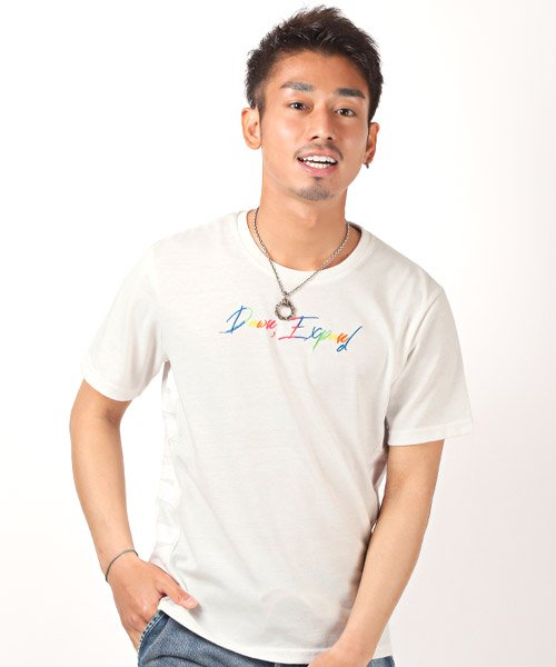 LUXSTYLE(ラグスタイル)/レインボー刺繍サイドロゴプリント半袖Tシャツ/Tシャツ メンズ 半袖 刺繍 ロゴ レインボー サイドロゴ プリント/ホワイト