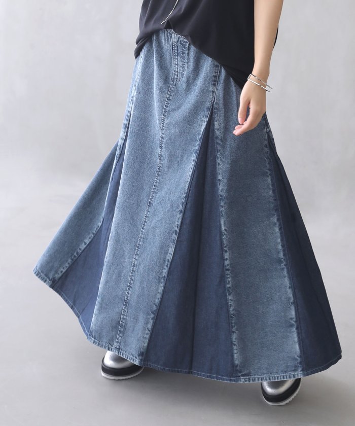 パネル切替デニムフレアスカート オシャレウォーカー Osharewalker Magaseek
