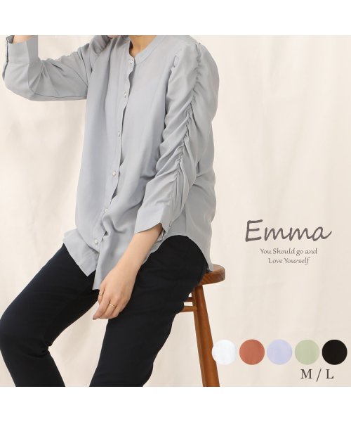 e.m.a(エマ)/袖のシャーリングがポイントのブラウス、袖のボリュームガ華麗なイメージに！/ブルー