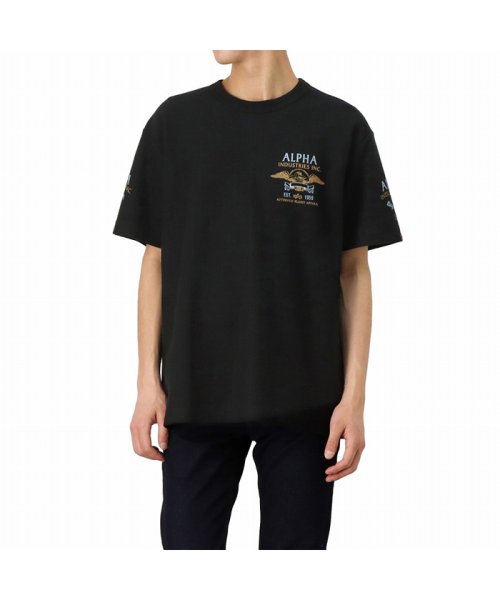 MAC HOUSE(men)(マックハウス（メンズ）)/ALPHA アルファ ヘリンボーン半袖プリントTシャツ TC1477－0/ブラック