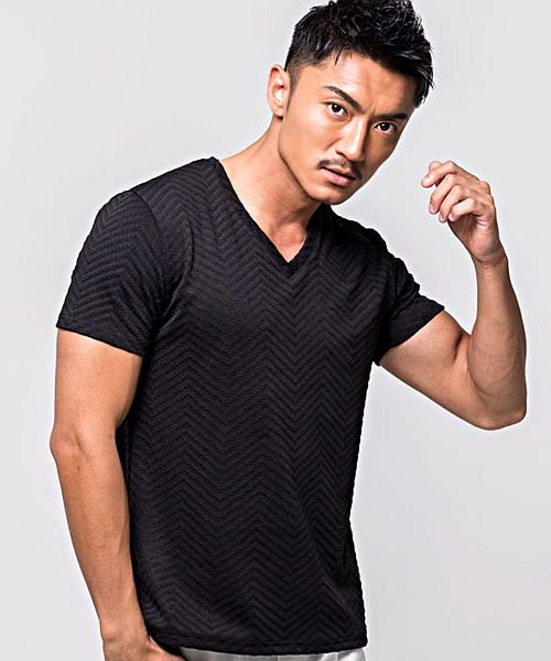 Cavaria ふくれジグザグ柄半袖vネックtシャツ 半袖 Tシャツ メンズ Vネック 無地 シェブロン ふくれ織 ホワイト グレー ネイビー ブラック スト キャバリア Cavaria Magaseek