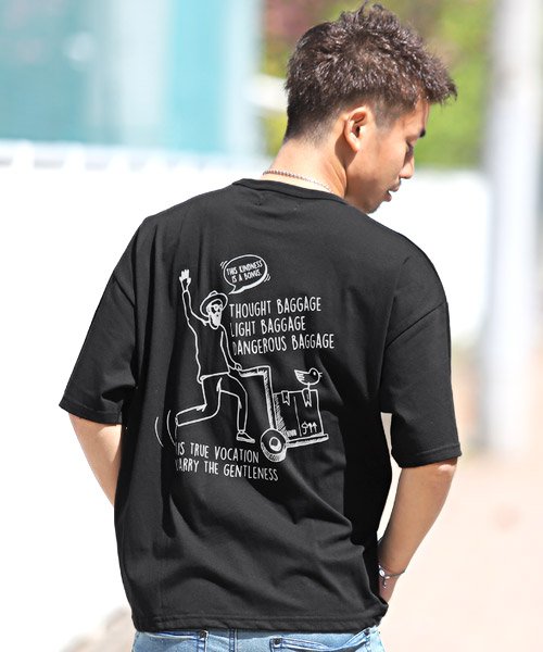LUXSTYLE(ラグスタイル)/米綿天竺刺繍バックイラストプリントTシャツ/Tシャツ メンズ 半袖 ビッグシルエット 刺繍 プリント イラスト/ブラック