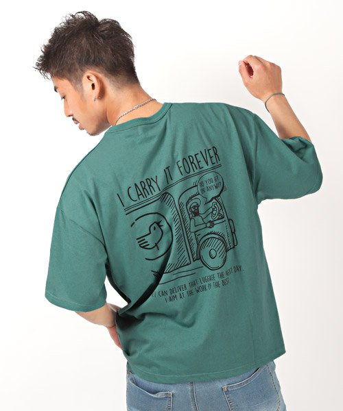 LUXSTYLE(ラグスタイル)/米綿天竺刺繍バックイラストプリントTシャツ/Tシャツ メンズ 半袖 ビッグシルエット 刺繍 プリント イラスト/ブルー