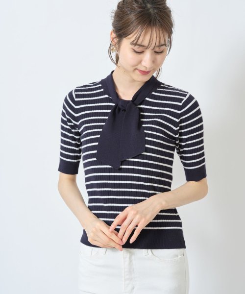 tocco closet(トッコクローゼット)/ボウタイボーダーリブニットプルオーバー/NAVY